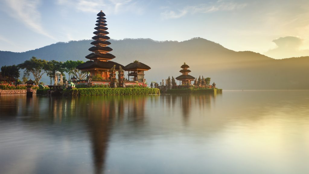 Pura Ulun Danu temple panorama at sunrise on Bratan Lake in Bali, Indonesia