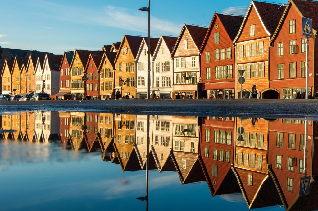 Famous Bryggen street with wooden colored houses in Bergen, Norway