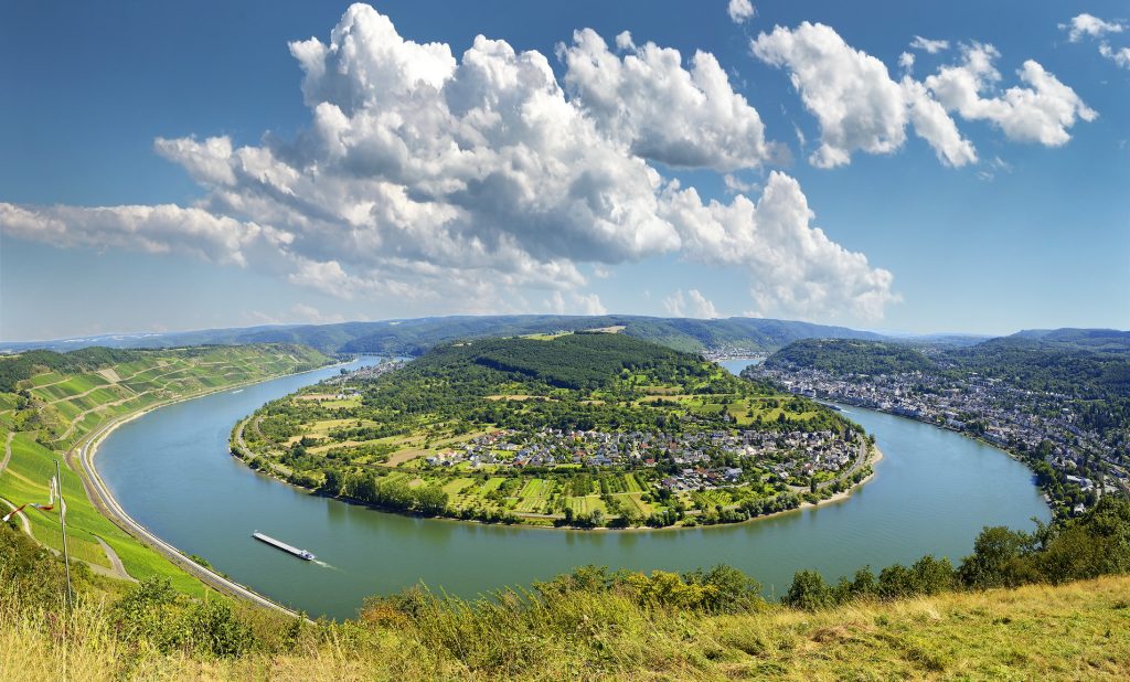 Picturesque bend of the river Rhine near the town Filsen in the German Rhineland-Palatinate