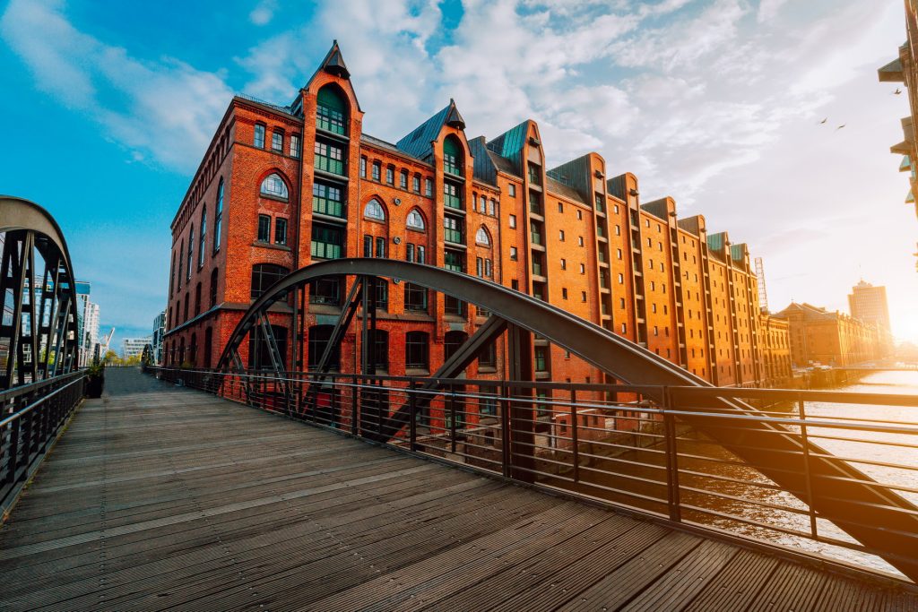 Pedestrian bridge over canals in Hamburg's Speicherstadt warehouse district