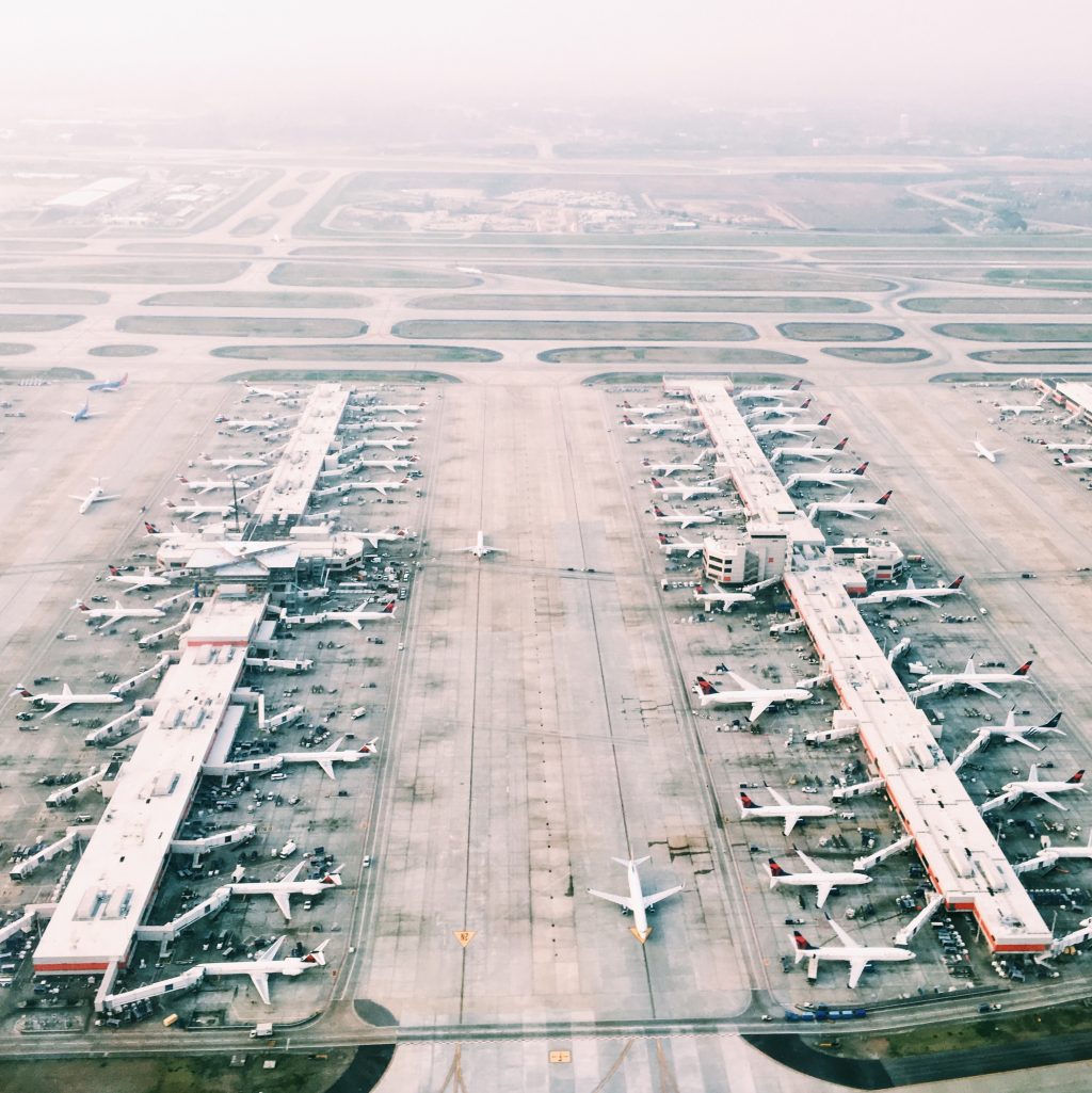 Aerial view of airport apron and runway