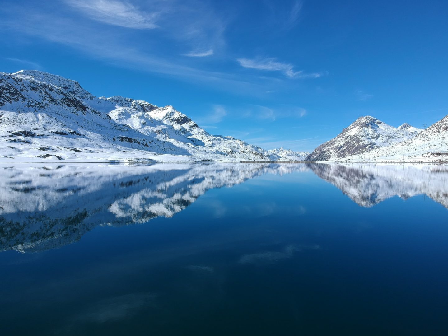 View from the Bernina Express onto the Lago Bianco in Graubünden, Switzerland