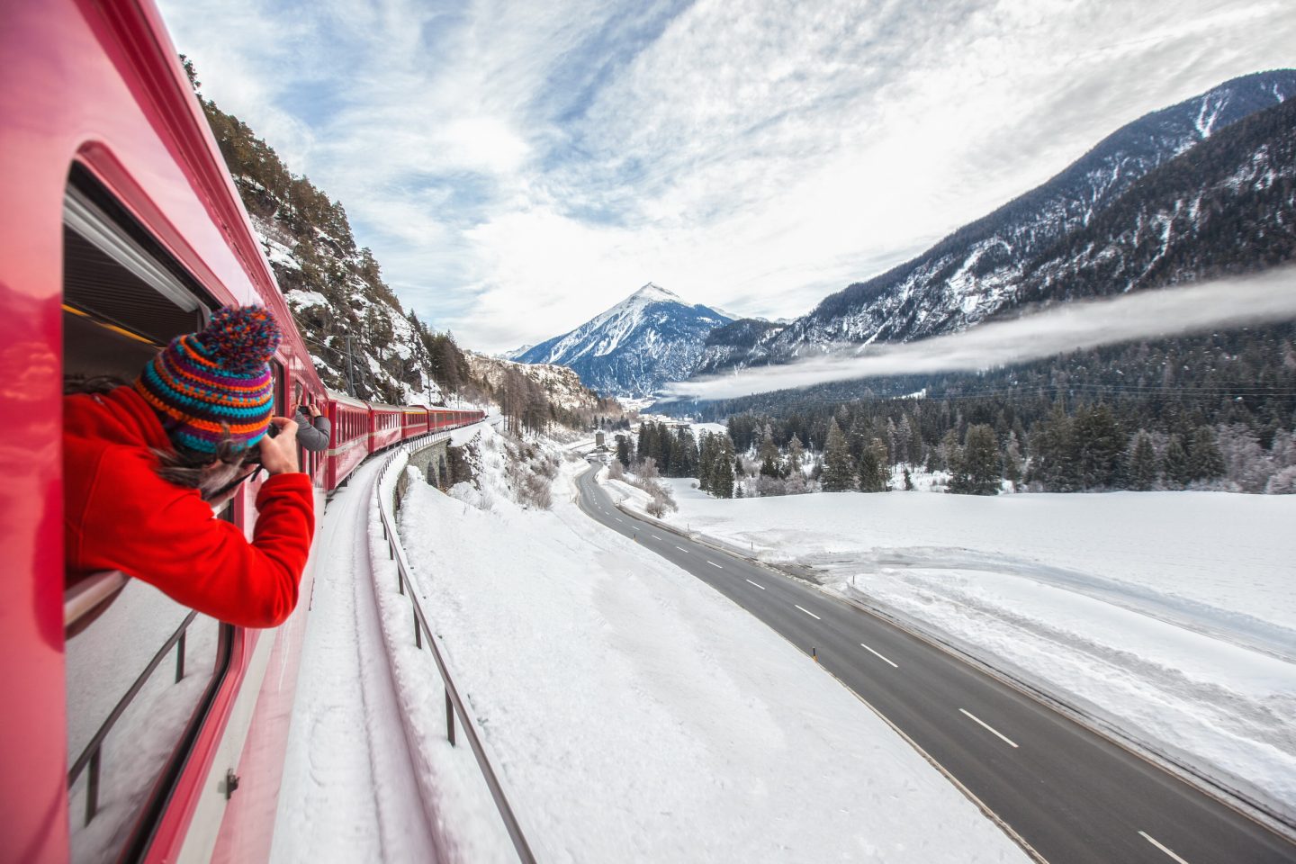 A beautiful winter day while riding the famous red Glacier Express in Switzerland