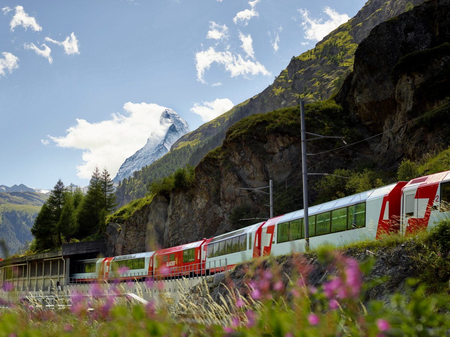 Glacier Express on a picturesque track just before Zermatt, Switzerland.